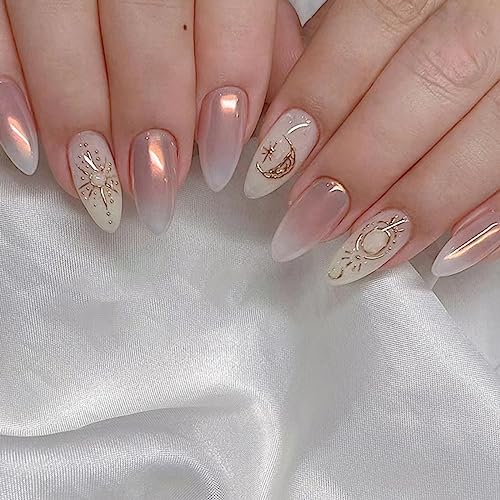 JUSTOTRY 24 Stück Aurora Mandel Nägel Zum Aufkleben Kurz,Press on Nails mit Moon und Stars Design,Glossy Oval Fake Nails Mittel,French Fingernägel Künstliche Nägel für Frauen von JUSTOTRY