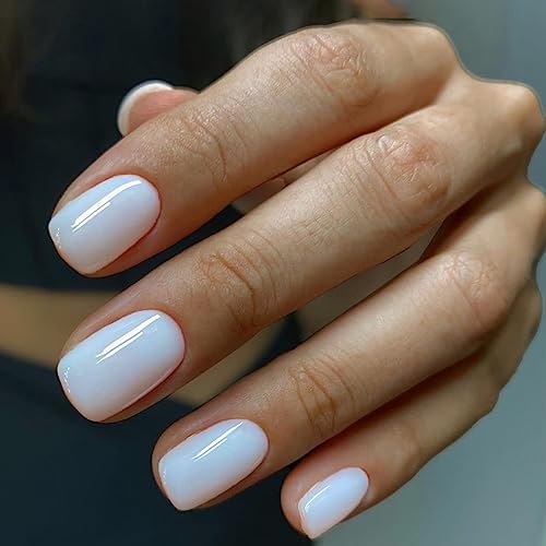 JUSTOTRY 24 Stück Beige Weiß Einfarbig Eckig Nägel Zum Aufkleben Kurz,Glossy Press on Nails mit Klebepads,Kunstnägel Fake Nails mit Kleber,Square Künstliche Nägel für Frauen von JUSTOTRY