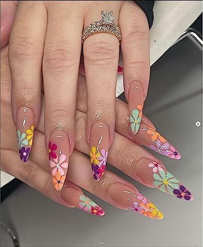 JUSTOTRY 24 Stück Bunt Stiletto Nägel Zum Aufkleben Lang mit Blumen,Regenbogen French Künstliche Nägel,Spitz Mandel Kunstnägel Press on Nails,Pretty Fingernägel Fake Nails für Frauen von JUSTOTRY
