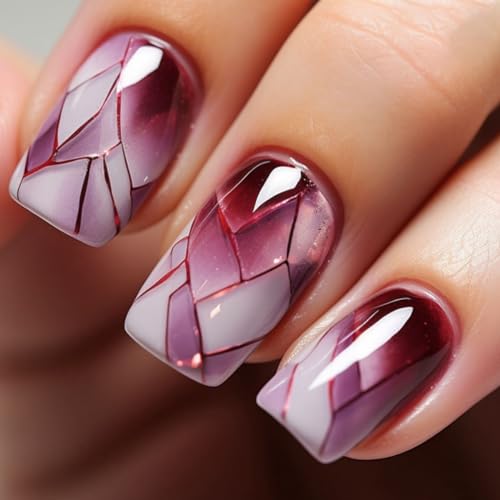 JUSTOTRY 24 Stück Burgundy Rot Nägel Zum Aufkleben Kurz,Einfarbig Eckig Press on Nails Design,Glossy Stripes Kunstnägel Fake Nails,French Square Fingernägel Künstliche Nägel für Frauen von JUSTOTRY