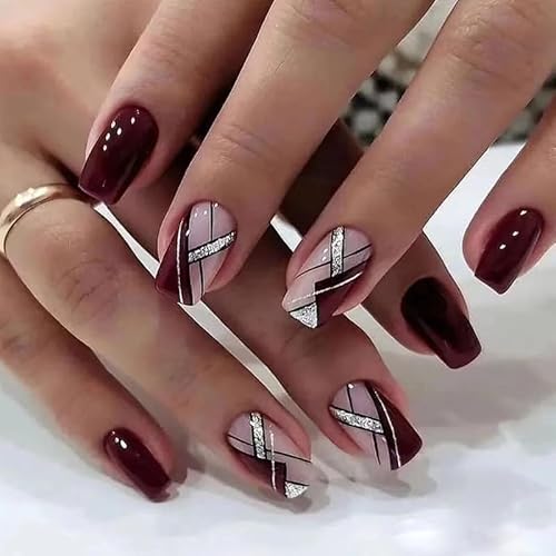 JUSTOTRY 24 Stück Burgundy Rot Nägel Zum Aufkleben Kurz,Silvery Glitter Striped Eckig Press on Nails Pattern,Glossy Kunstnägel Fake Nails Mittel,French Square Fingernägel Künstliche Nägel für Frauen von JUSTOTRY
