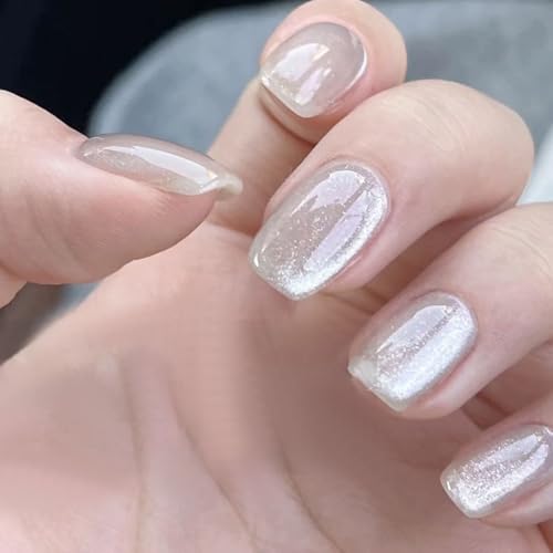 JUSTOTRY 24 Stück Cat Eye Nägel Zum Aufkleben Kurz,Weiß und Silber Eckig Press on Nails Pattern,Glossy Kunstnägel Fake Nails Mittel,French Cateye Square Fingernägel Künstliche Nägel für Frauen von JUSTOTRY