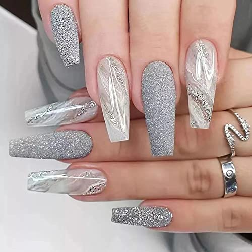 JUSTOTRY 24 Stück Coffin Nägel Zum Aufkleben Lang, Grey Glitter French Künstliche Nägel, Ballerina Marble Kunstnägel Press on Nails mit Nagelkleber, Fingernägel Fake Nails Medium für Frauen von JUSTOTRY