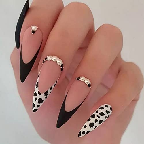 JUSTOTRY 24 Stück Cow Print Stiletto Nägel Zum Aufkleben Lang,Schwarz French Künstliche Nägel,Matt Mandel Kunstnägel Press on Nails mit Nagelkleber,Pretty Fingernägel Fake Nails für Frauen von JUSTOTRY