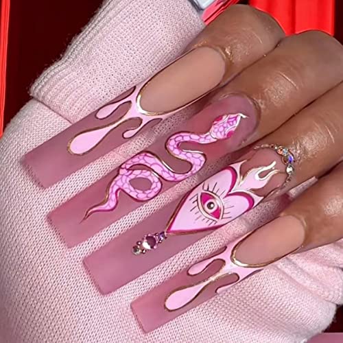 JUSTOTRY 24 Stück Diamante Sarg Nägel Zum Aufkleben Lang mit Snake,Pink Matt French Künstliche Nägel,Ballerina Kunstnägel Press on Nails mit Kleber,Coffin Fingernägel Fake Nails Mittel für Frauen von JUSTOTRY