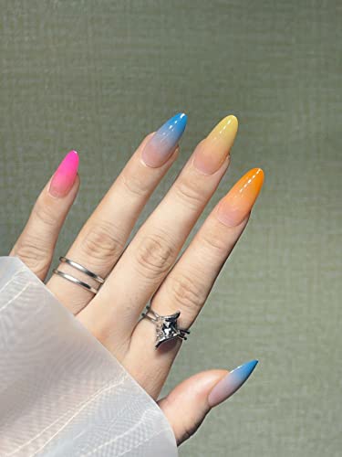 JUSTOTRY 24 Stück Farbig Mandel Nägel Zum Aufkleben Kurz, Gradient Rainbow French Press on Nails, Schöne Oval Kunstnägel Fake Nails mit Nagelkleber,Acryl Fingernägel Künstliche Nägel Mittel für Frauen von JUSTOTRY