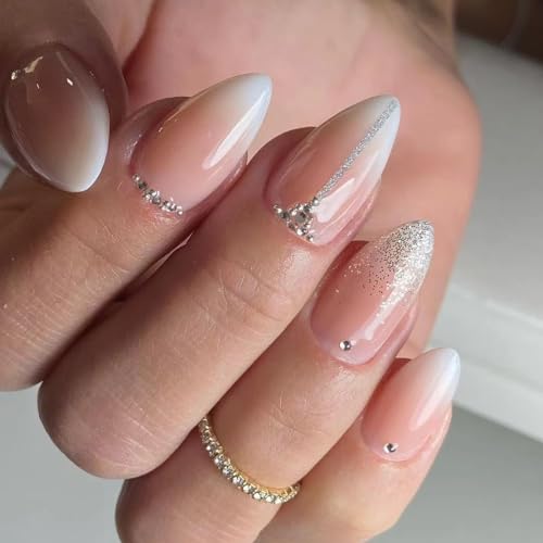 JUSTOTRY 24 Stück Glitter Mandel Nägel Zum Aufkleben Kurz mit Diamond Motiv,Nude und Weiß Press on Nails,Oval Künstliche Nägel,French Fingernägel Fake Nails für Frauen von JUSTOTRY