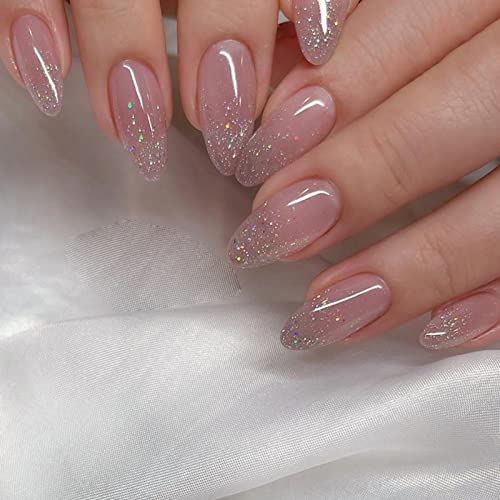 JUSTOTRY 24 Stück Glitzer Nude Mandel Nägel Zum Aufkleben Mittel Motiv,French Press on Nails mit Kleber,Glossy Oval Künstliche Nägel,Pretty Fingernägel Fake Nails für Frauen von JUSTOTRY