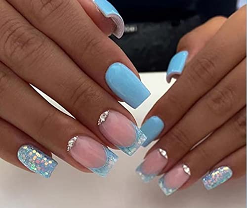 JUSTOTRY 24 Stück Glitzer Press on Nails Eckig Mittel mit Strass,Babyblau French Künstliche Nägel,Schöne Kunstnägel Nägel Zum Aufkleben,Acryl Square Fingernägel Fake Nails Kurz für Frauen von JUSTOTRY