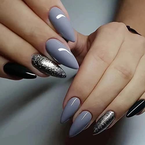 JUSTOTRY 24 Stück Glitzer Schwarz Stiletto Nägel Zum Aufkleben Kurz,Grau French Künstliche Nägel,Mandel Kunstnägel Press on Nails,Acryl Fingernägel Fake Nails Mittel für Frauen von JUSTOTRY