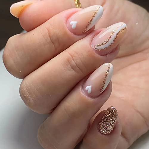 JUSTOTRY 24 Stück Glitzer Swirl Mandel Nägel Zum Aufkleben Kurz, Weiß French Künstliche Nägel,Heart Oval Kunstnägel Press on Nails,Acryl Fingernägel Fake Nails Mittel für Frauen von JUSTOTRY