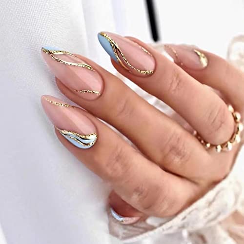 JUSTOTRY 24 Stück Gold Glitzer Wavy Mandel Nägel Zum Aufkleben Kurz,Babyblau French Press on Nails,Pretty Nude Stiletto Kunstnägel Fake Nails mit Kleber,Fingernägel Künstliche Nägel Mittel für Frauen von JUSTOTRY