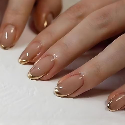 JUSTOTRY 24 Stück Gold Nägel Zum Aufkleben Kurz,Nude Mandel Press on Nails Muster,Glossy Oval Kunstnägel Fake Nails Mittel,French Fingernägel Künstliche Nägel für Frauen von JUSTOTRY
