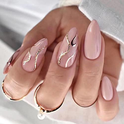 JUSTOTRY 24 Stück Gold Swirl Mandel Nägel Zum Aufkleben Kurz Motiv,Pink Press on Nails mit Kleber,Glossy French Oval Künstliche Nägel,Schöne Fingernägel Fake Nails für Frauen von JUSTOTRY