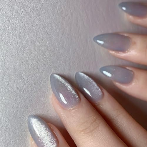 JUSTOTRY 24 Stück Grau Cat Eye Nägel Zum Aufkleben Kurz,Glitzer Mandel Press on Nails Muster,Glossy Cateye Oval Kunstnägel Fake Nails Mittel,French Fingernägel Künstliche Nägel für Frauen von JUSTOTRY