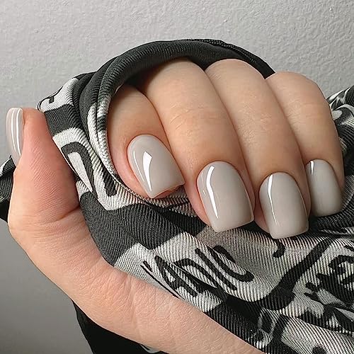 JUSTOTRY 24 Stück Grey Einfarbig Eckig Nägel Zum Aufkleben Kurz,Glossy Press on Nails mit Klebepads,Langzeit Kunstnägel Fake Nails,Square Fingernägel Künstliche Nägel Mittel für Frauen von JUSTOTRY