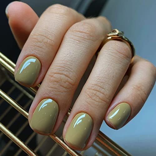 JUSTOTRY 24 Stück Grün Einfarbig Eckig Nägel Zum Aufkleben Kurz,Glossy Olive Green Press on Nails,Pretty Kunstnägel Fake Nails mit Kleber,Square Fingernägel Künstliche Nägel Mittel für Frauen von JUSTOTRY