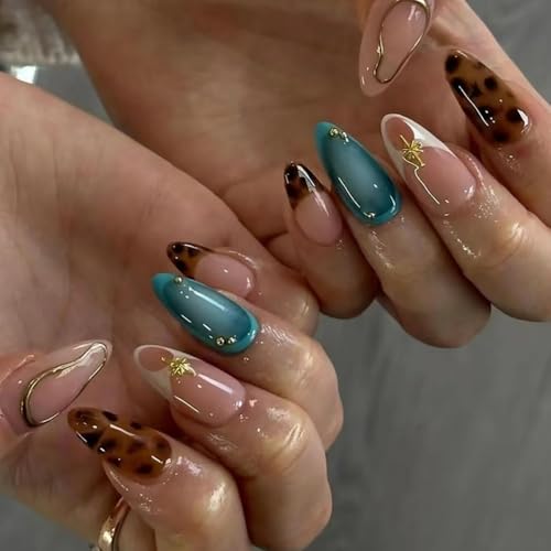 JUSTOTRY 24 Stück Leopard Nägel Zum Aufkleben Kurz,Mandel Press on Nails mit 3D Sculpting Metallic Muster,Glossy Weiß und Braune Oval Kunstnägel Mittel,French Fingernägel für Frauen von JUSTOTRY