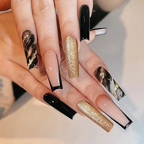 JUSTOTRY 24 Stück Leopard Sarg Nägel Zum Aufkleben Lang,Schwarz French Press on Nails,Gold Glitzer Ballerina Kunstnägel Künstliche Nägel mit Kleber,Schöne Fingernägel Fake Nails Mittel für Frauen von JUSTOTRY