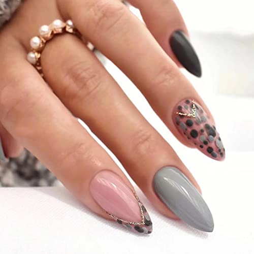 JUSTOTRY 24 Stück Leopard Stiletto Nägel Zum Aufkleben Kurz,Grau French Künstliche Nägel,Glitzer Mandel Kunstnägel Press on Nails mit Nagelkleber,Acryl Fingernägel Fake Nails Mittel für Frauen von JUSTOTRY