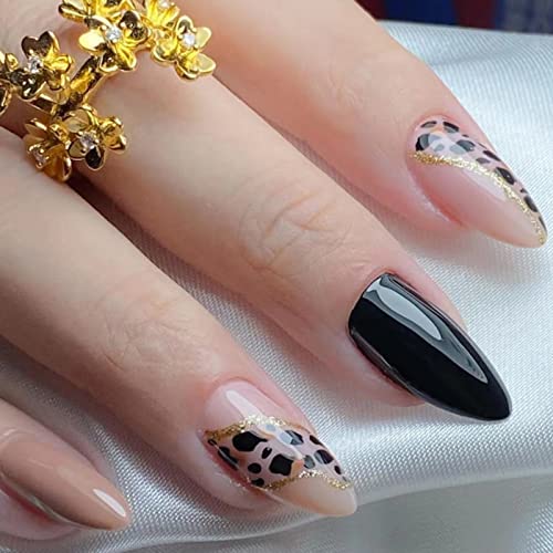 JUSTOTRY 24 Stück Leopard Stiletto Nägel Zum Aufkleben Kurz,Schwarz French Künstliche Nägel,Glitter Mandel Kunstnägel Press on Nails mit Nagelkleber,Acryl Fingernägel Fake Nails Mittel für Frauen von JUSTOTRY