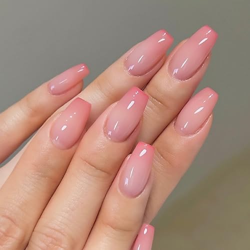 JUSTOTRY 24 Stück Light Pink Sarg Nägel Zum Aufkleben Mittel,Gradient Weiß Press on Nails mit Kleber,Ballerina Kunstnägel Fake Nails für Nail Art,Acryl French Fingernägel zum Aufkleben für Frauen von JUSTOTRY