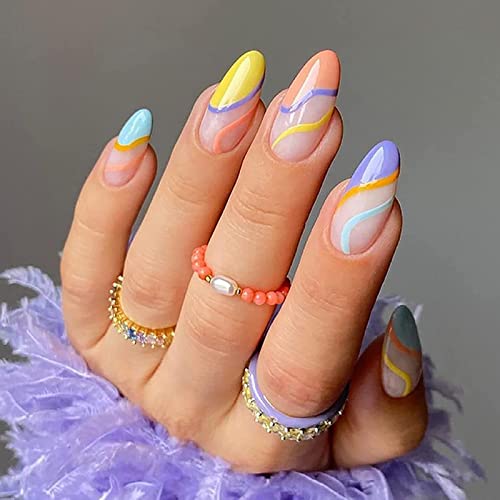 JUSTOTRY 24 Stück Mandel Nägel Zum Aufkleben Kurz, Mehrfarbig French Künstliche Nägel, Swirl Oval Kunstnägel Press on Nails mit Nagelkleber, Acryl Fingernägel Fake Nails Kurz für Frauen von JUSTOTRY