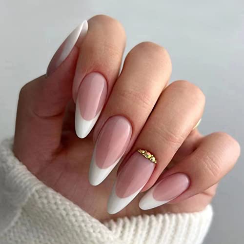 JUSTOTRY 24 Stück Mandel Nägel Zum Aufkleben Kurz mit Jewels,Beige French Künstliche Nägel,Stiletto Kunstnägel Press on Nails,Acryl Fingernägel Fake Nails Mittel für Frauen von JUSTOTRY