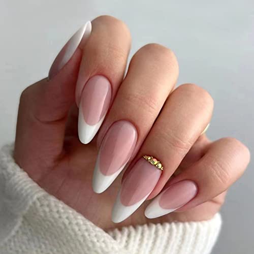 JUSTOTRY 24 Stück Mandel Nägel Zum Aufkleben Kurz mit Jewels,Beige French Künstliche Nägel,Stiletto Kunstnägel Press on Nails mit Kleber,Acryl Fingernägel Fake Nails Mittel für Frauen von JUSTOTRY