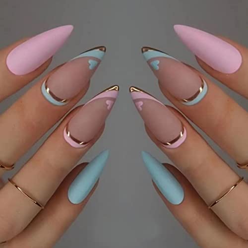 JUSTOTRY 24 Stück Matt Stiletto Nägel Zum Aufkleben Kurz mit Herz,Pale Pink und Blau French Press on Nails,Pretty Mandel Kunstnägel Fake Nails,Fingernägel Künstliche Nägel Mittel für Frauen von JUSTOTRY