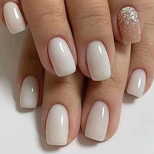 JUSTOTRY 24 Stück Milchig Eckig Nägel Zum Aufkleben Kurz mit Glitter,Weiß Press on Nails mit Kleber,Kunstnägel Fake Nails für Nails Art,Schöne Square French Fingernägel Künstliche Nägel für Frauen von JUSTOTRY