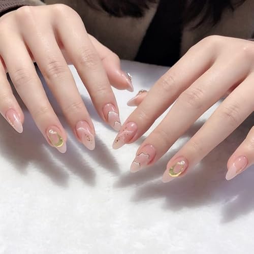 JUSTOTRY 24 Stück Moon Mandel Nägel Zum Aufkleben Kurz,Nude French Press on Nails, Schöne Stars Oval Kunstnägel Fake Nails mit Nagelkleber,Acryl Fingernägel Künstliche Nägel Mittel für Frauen von JUSTOTRY