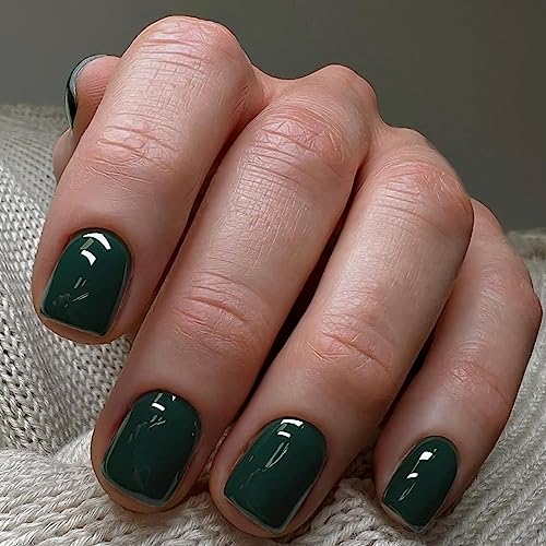 JUSTOTRY 24 Stück Olive Green Einfarbig Eckig Nägel Zum Aufkleben Kurz,Glossy Press on Nails mit Klebepads,Kunstnägel Fake Nails,Square Künstliche Nägel für Frauen von JUSTOTRY