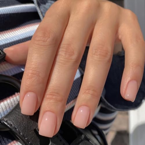 JUSTOTRY 24 Stück Pale Pink Nägel Zum Aufkleben Kurz,Einfarbig Eckig Press on Nails Pattern,Glossy Kunstnägel Fake Nails,French Square Fingernägel Künstliche Nägel Mittel für Frauen von JUSTOTRY
