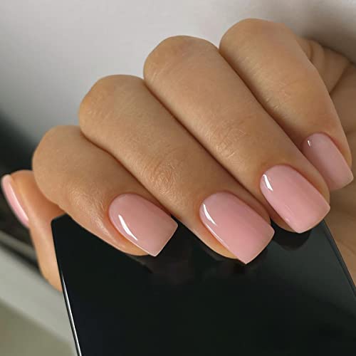 JUSTOTRY 24 Stück Peach Pink Einfarbig Eckig Nägel Zum Aufkleben Kurz,Glossy Press on Nails mit Klebepads,Kunstnägel Fake Nails,Square Künstliche Nägel für Frauen von JUSTOTRY