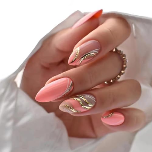 JUSTOTRY 24 Stück Peach Pink Nägel Zum Aufkleben Kurz,Gold Swirl Mandel Press on Nails Muster,Glossy Oval Kunstnägel Fake Nails Mittel,French Fingernägel Künstliche Nägel für Frauen von JUSTOTRY