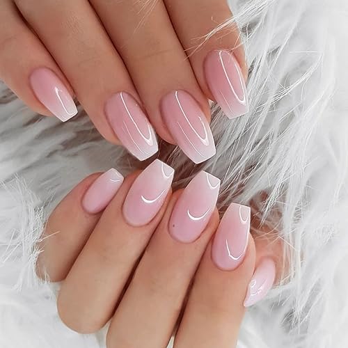 JUSTOTRY 24 Stück Peach Pink Sarg Nägel Zum Aufkleben Mittel,Glossy Press on Nails mit Kleber,Ballerina Kunstnägel Fake Nails für Nail Art,Schöne French Fingernägel zum Aufkleben für Frauen von JUSTOTRY