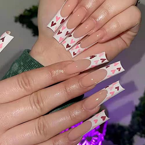 JUSTOTRY 24 Stück Press on Nails Lang, Weiß French Künstliche Nägel mit Heart Design, Acryl Pink Ballerina Nägel Zum Aufkleben mit Nagelkleber, Fake Nails Kurz für Frauen und Mädchen von JUSTOTRY