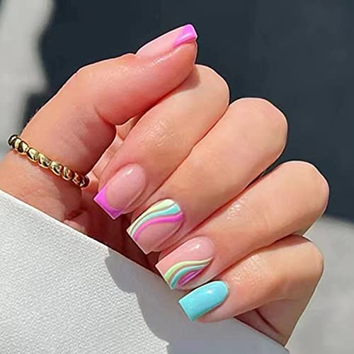 JUSTOTRY 24 Stück Press on Nails Swirl Viereckig Kurz, Rainbow French Künstliche Nägel mit Wavy Pattern, Kunstnägel Nägel Zum Aufkleben, Pastel Fingernägel Fake Nails Kurz für Frauen von JUSTOTRY