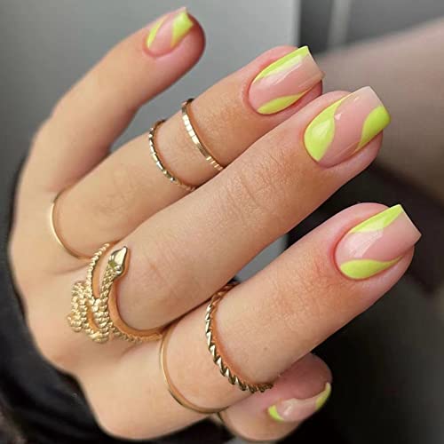 JUSTOTRY 24 Stück Press on Nails Viereckig Kurz, Lemon French Künstliche Nägel mit Wavy, Kunstnägel Nägel Zum Aufkleben, Acryl Swirl Fingernägel Fake Nails Kurz für Frauen von JUSTOTRY