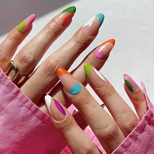 JUSTOTRY 24 Stück Regenbogen Oval Nägel Zum Aufkleben Kurz, Colourful French Künstliche Nägel,Mandel Kunstnägel Press on Nails mit Nagelkleber, Acryl Fingernägel Fake Nails Kurz für Frauen von JUSTOTRY