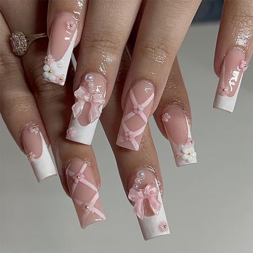 JUSTOTRY 24 Stück Sarg Nägel Zum Aufkleben Lang mit Blumen Motiv,Glossy Weiß Press on Nails,French Coffin Künstliche Nägel,Ballerina Fingernägel Fake Nails Long für Frauen Nails Art von JUSTOTRY