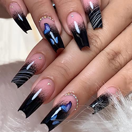 JUSTOTRY 24 Stück Sarg Nägel Zum Aufkleben Lang mit Schmetterling,Schwarz French Künstliche Nägel, Ballerina Kunstnägel Press on Nails,Coffin Fingernägel Fake Nails Mittel für Frauen von JUSTOTRY