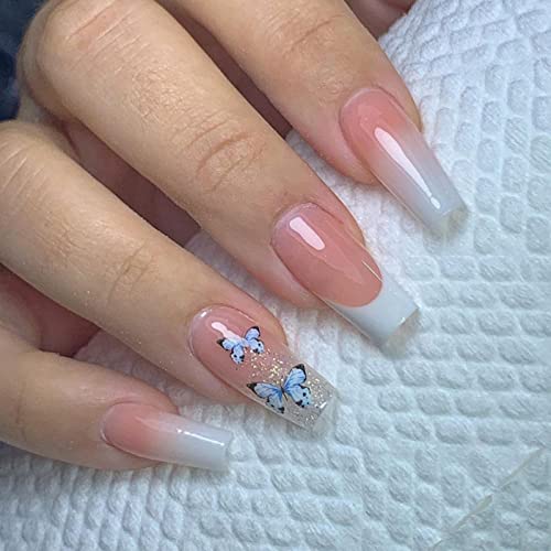 JUSTOTRY 24 Stück Sarg Nägel Zum Aufkleben mit Schmetterling Motiv,Milky Weiß Press on Nails Lang,Glossy French Coffin Künstliche Nägel,Ballerina Fingernägel Fake Nails Long für Frauen Nails Art von JUSTOTRY