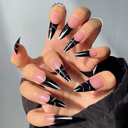 JUSTOTRY 24 Stück Schwarz French Mandel Nägel Zum Aufkleben Lang Motiv,Pink Stiletto Press on Nails,Glossy Oval Künstliche Nägel,Pretty Fingernägel Fake Nails Long für Frauen von JUSTOTRY