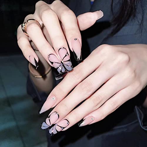 JUSTOTRY 24 Stück Schwarz Nägel Zum Aufkleben Lang,Sarg Press on Nails mit Schmetterling und Strass Muster,Glossy Ballarina Fingernägel zum Aufkleben für Frauen von JUSTOTRY