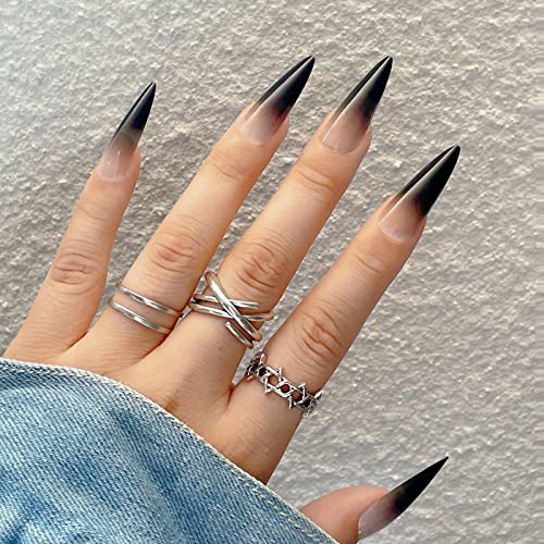 JUSTOTRY 24 Stück Schwarz Stiletto Nägel Zum Aufkleben Lang Motiv,Gradient French Press on Nails,Mandel Künstliche Nägel,Spitz Fingernägel Fake Nails für Frauen Nail Art von JUSTOTRY