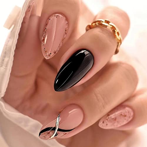 JUSTOTRY 24 Stück Schwarz Wavy Stiletto Nägel Zum Aufkleben Kurz,Nude French Künstliche Nägel,Mandel Kunstnägel Press on Nails,Acryl Fingernägel Fake Nails Mittel für Frauen von JUSTOTRY