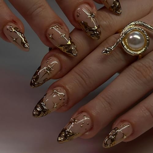 JUSTOTRY 24 Stück Sterne Nägel Zum Aufkleben Kurz,Mandel Press on Nails mit 3D Sculpting Metallic Muster,Glossy Gold Oval Kunstnägel Mittel,French Fingernägel Künstliche Nägel für Frauen von JUSTOTRY