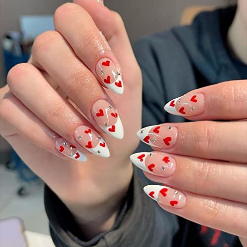 JUSTOTRY 24 Stück Stiletto Nägel Zum Aufkleben Kurz mit Rot Herz,Weiß French Press on Nails,Trendy Mandel Kunstnägel Fake Nails Mittel mit Kleber,Fingernägel Künstliche Nägel für Frauen von JUSTOTRY